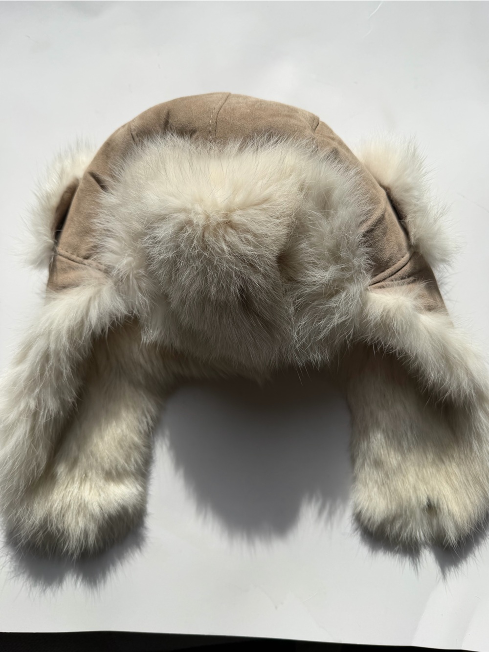 Vintage Real Fur Trim Suede Trapper Hat Beige Cream Winter Aviator